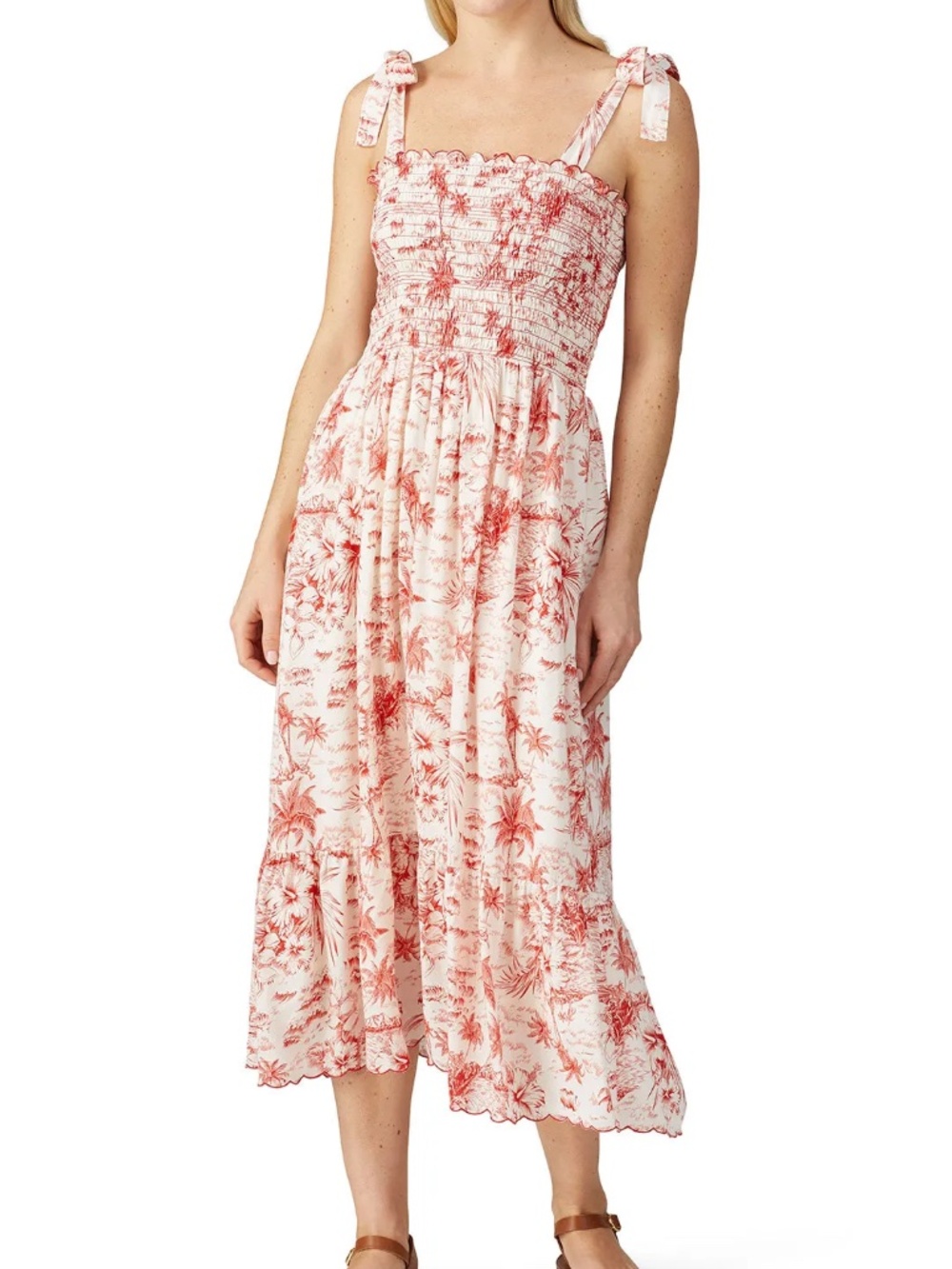 THE GREAT. Lagoon Red/White Linen Blend Midi Dress Size M Summer ~ Vacation!